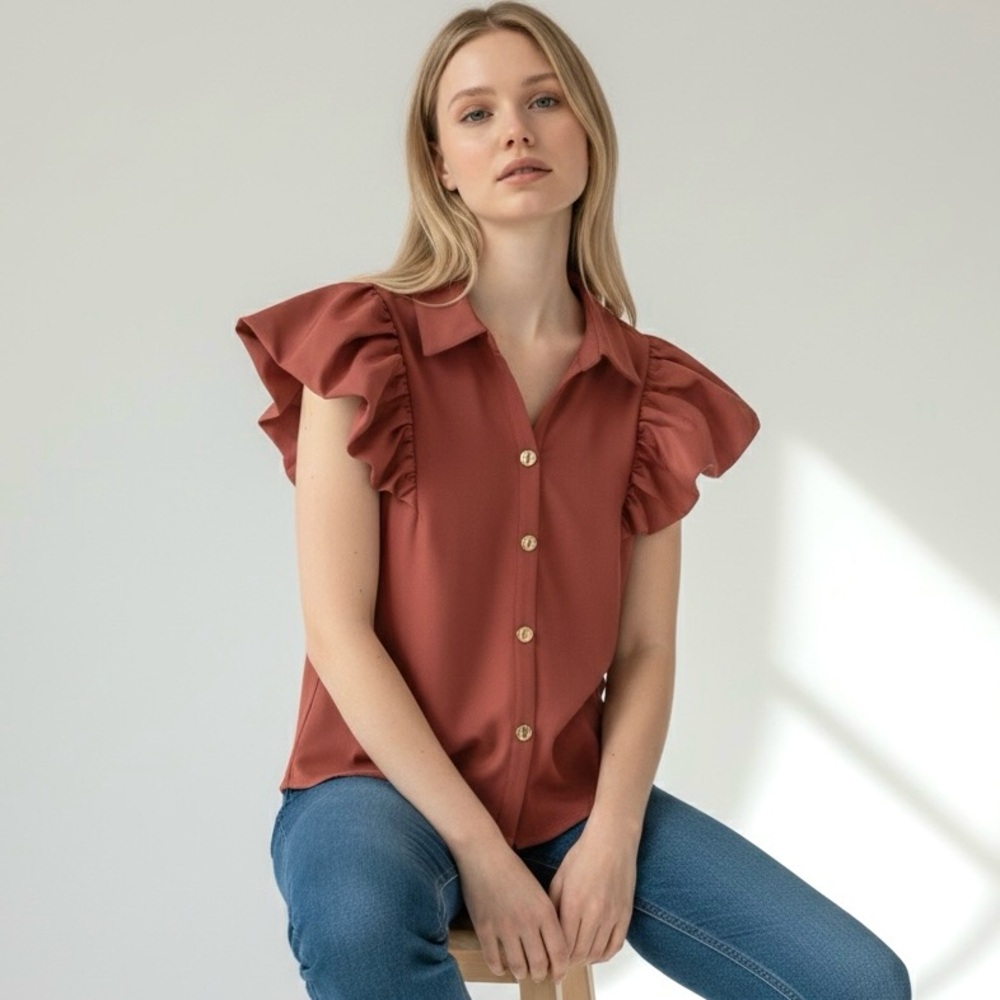 Madison Crepe Blouse with Contrasting Satin Double Flattered Sleeve Collared